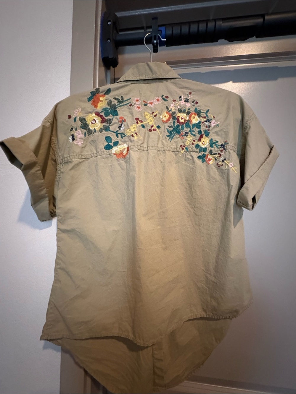 Madewell Khaki Button-Down Shirt with Multicolor Floral Embroidery